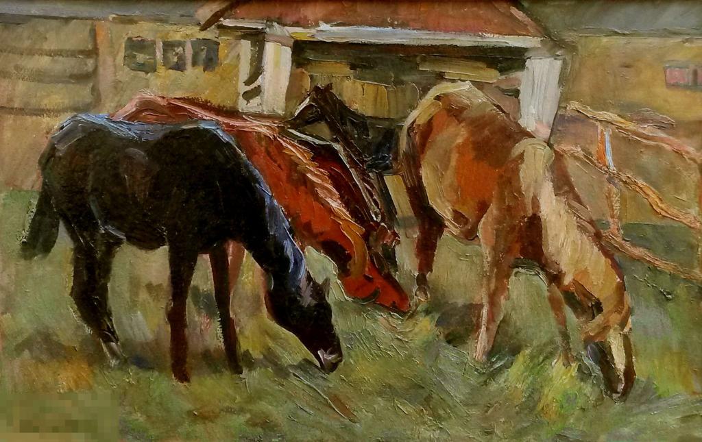 Саплин В.З. Лошади на конюшне. 1967. Картон, масло, 42х65 