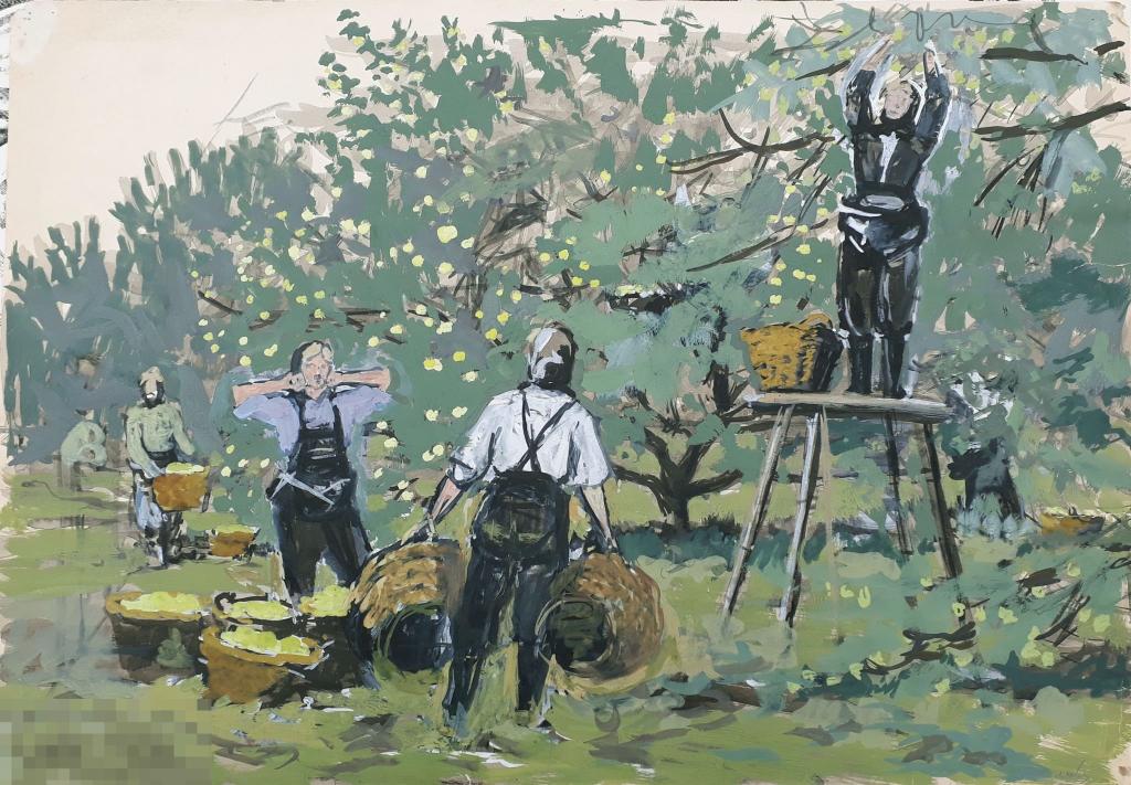 Алимова В. Комсомольская бригада. Из цикла "Сбор яблок". 1963. Б., гуашь, 42х60 