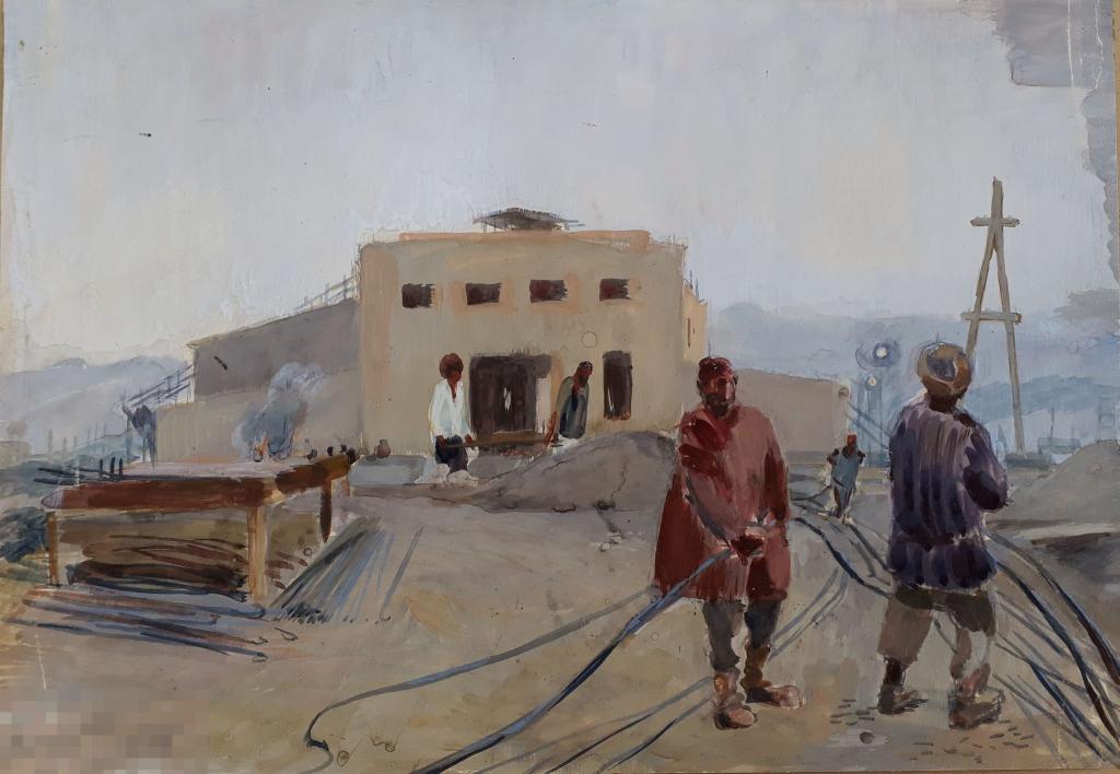 Алимова В.П. Строительство металлургического завода. 1943. Б., гуашь,  38х55 