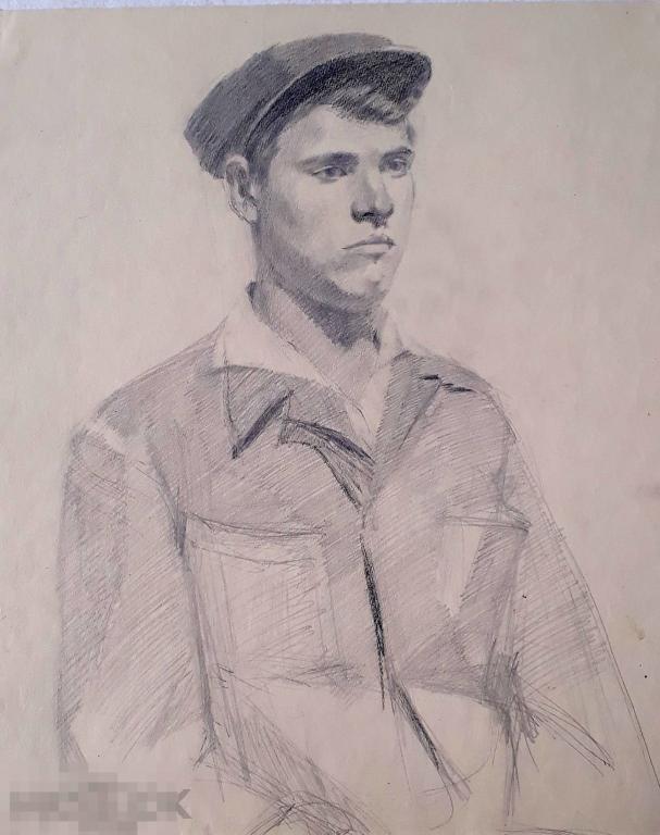 Бронштейн Ш. Парень в кепке. 1950-е. - Бумага на картоне, карандаш, 49х42 