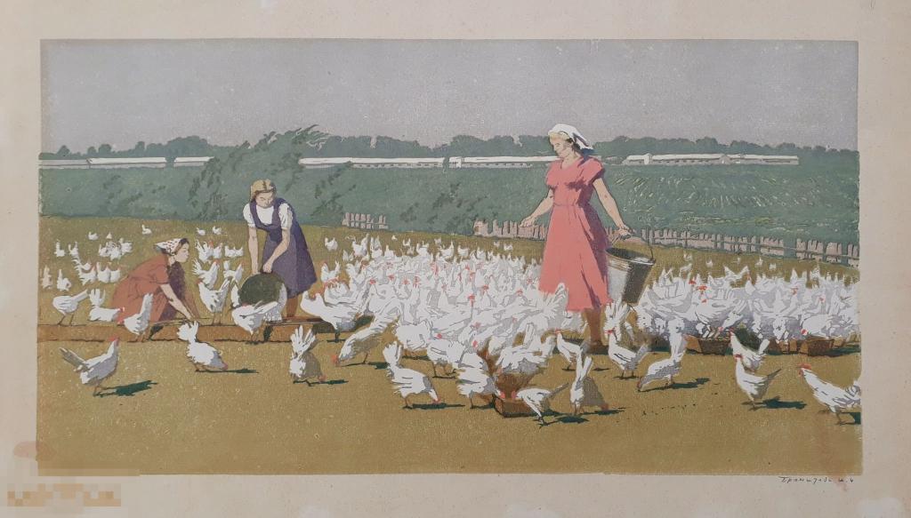 Бронштейн Ш.И. Птичницы (пробный оттиск). 1958. Б., цв. линогравюра, размер изображения 28х53 