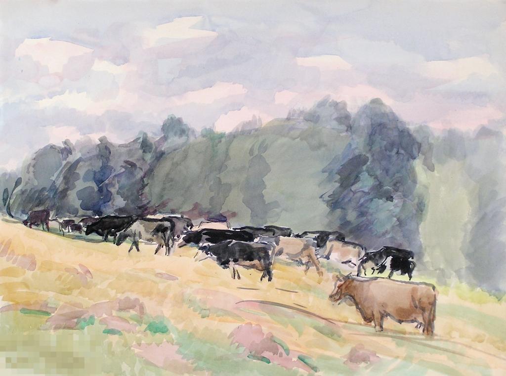 Горшман М. Пейзаж с коровами. 1956.  Б., акварель, 41х56 