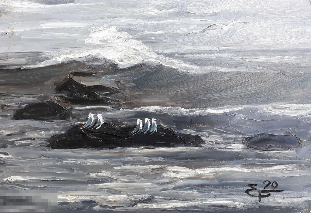 Горячев Е.Н. Море и чайки. 1990. Картон, масло, 35х49,5