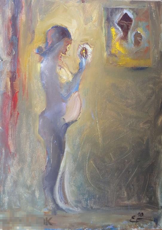 Горячев Е.Н. Беременная у иконы. 1990. Картон, масло, 49,5х35 