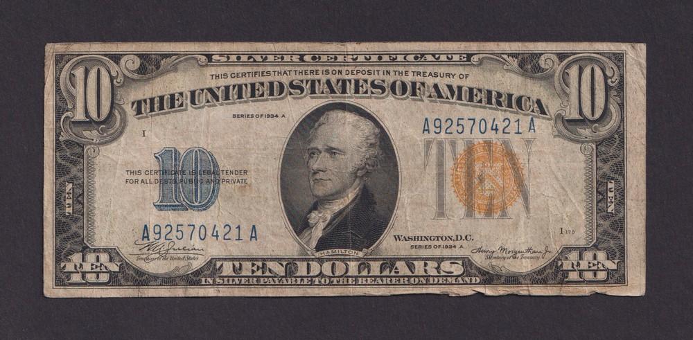 1 45 долларов. 10 Долларов США. Золотой сертификат 10 долларов. Банкноты США С желтой печатью. 10 Долларов купюра.