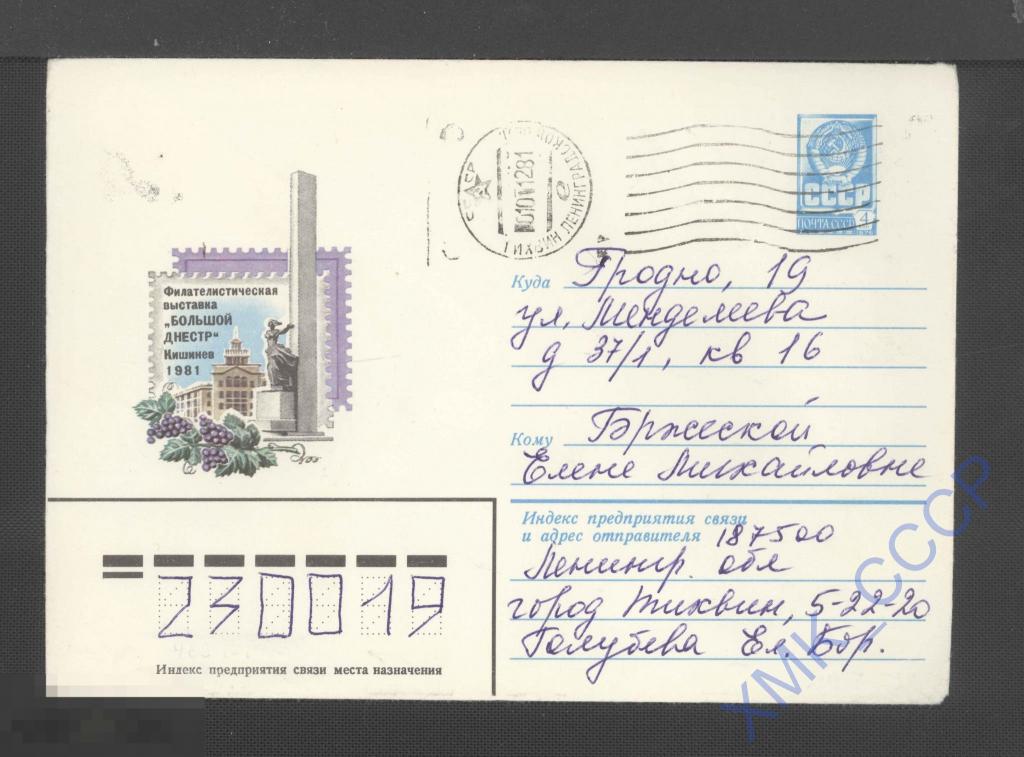 1981 СССР ХМК  14756. Филвыставка "Большой Днестр" Тихвин. п/п МШ Тихвин