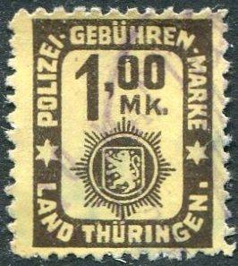 Германия 1948 Советская Зона оккупации Тюрингия 1 мк ПОЛИЦИЯ фискальная непочтовая СОВЕТИКА Россика