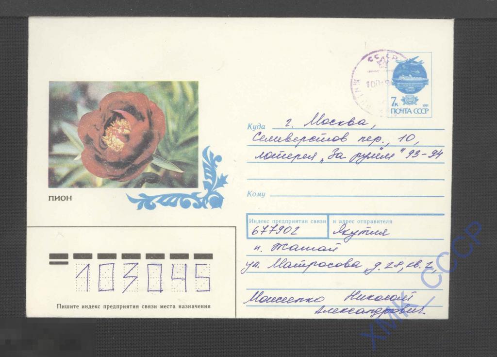 1992 СССР ХМК   7.  Пион "Денди Дэн". п/п КШ Жатайштамп Переоценено 