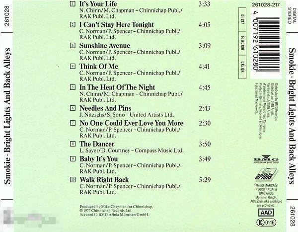 Smokie ‎– Bright Lights And Back Alleys CD made in Germany  Ariola 