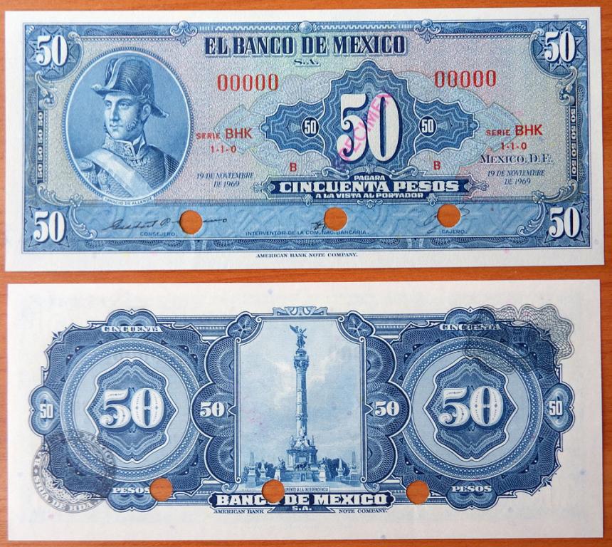 Мексика 50 песо 1969 UNC Образец Р-49s