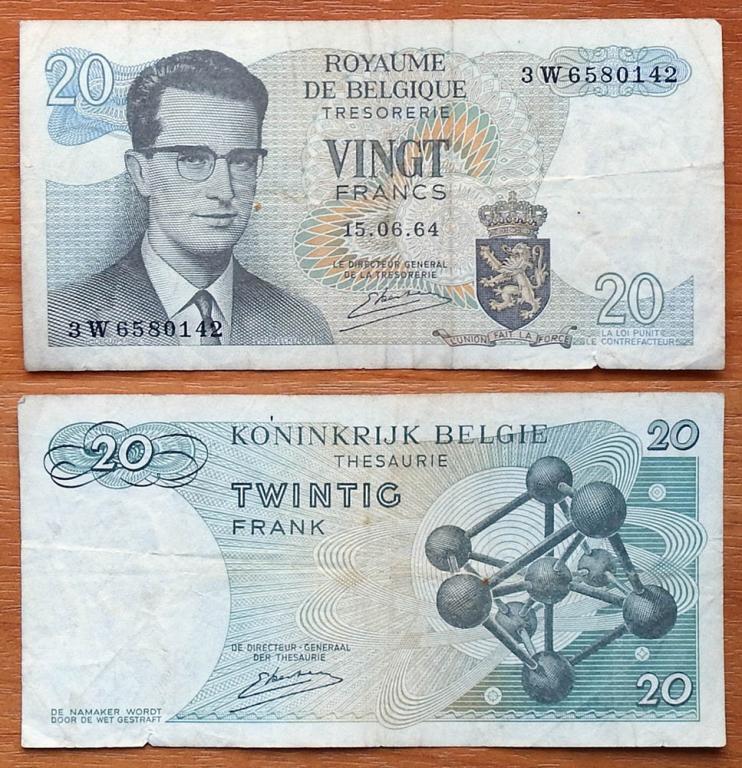 Бельгия 20 франков 1964 VF P-138 3W Подпись 20 (1976-1984)