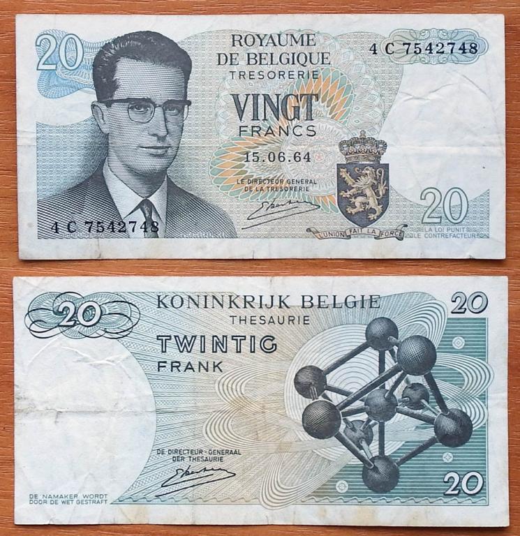Бельгия 20 франков 1964 VF P-138 4C Подпись 20 (1976-1984)
