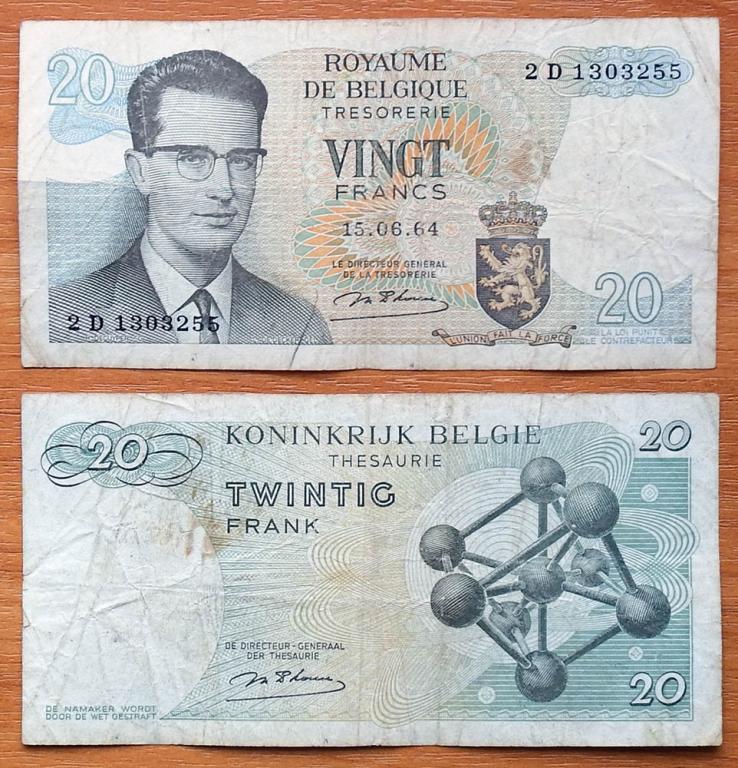 Бельгия 20 франков 1964 F/VF P-138 2D Подпись 18 (1963-1975)