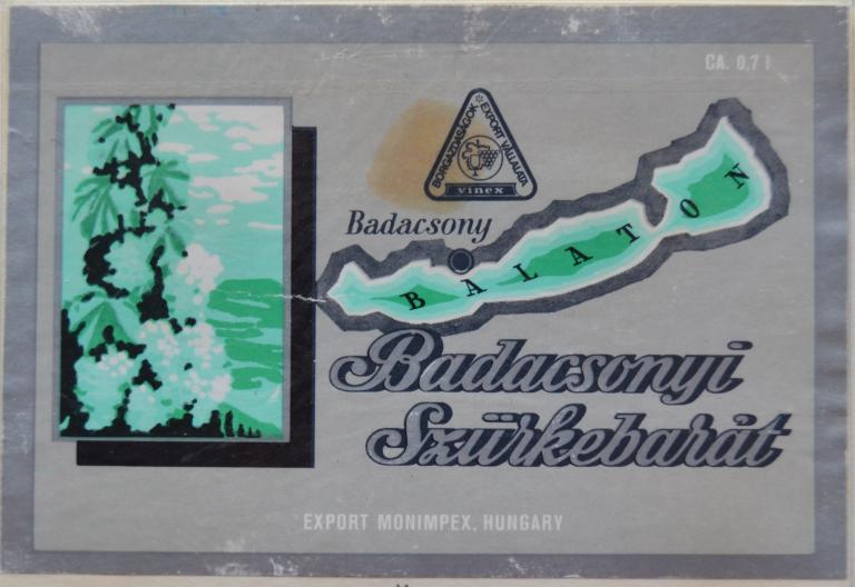 Этикетка Вино BADACSONYI SZURKEBARAT - MONIMPEX. Будапешт. Венгрия 1973 год  - 2