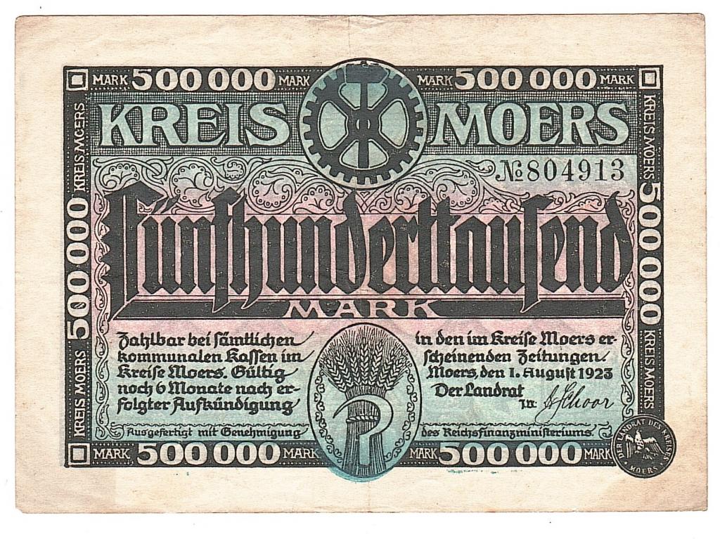 Гроссгельд нотгельд Крейс Моерс 01.08. 1923 ВЗ плетение узор