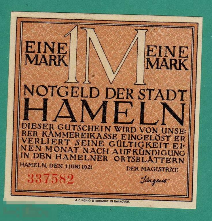 Германия 1 марка 1921  Хамельн Hameln ПРЕСС UNC 