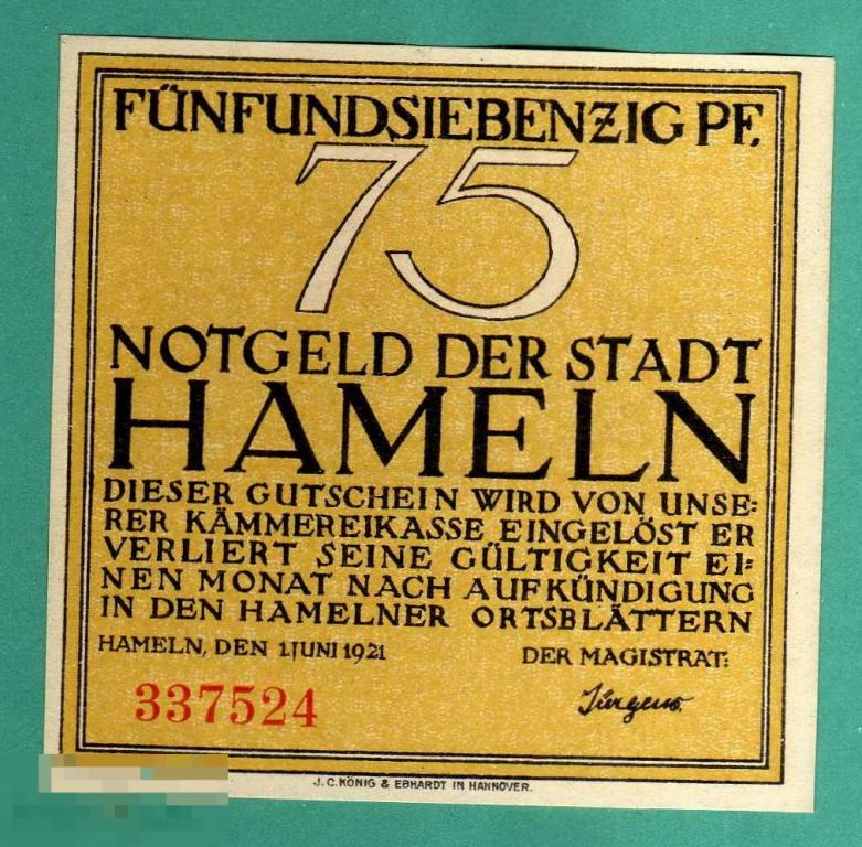 Германия 75 пфеннигов 1921  Хамельн Hameln ПРЕСС UNC 