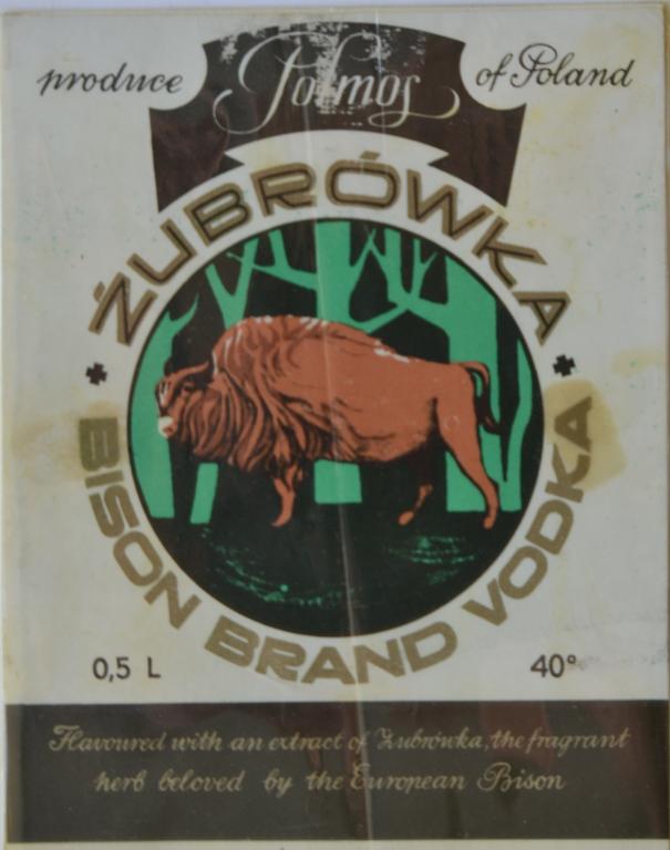 Этикетка  Водка  ZUBROWKA - Зубровка  Polmos - Польша 1976 год - 1