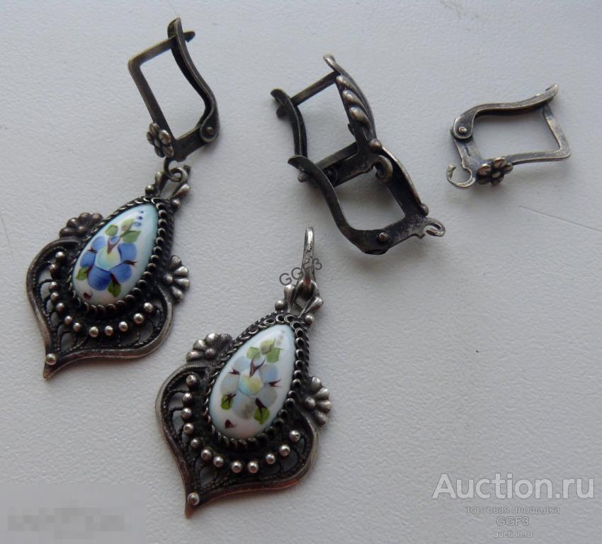 Брошь и 1 серьга гарнитур ФИНИФТЬ СКАНЬ зернь винтаж 