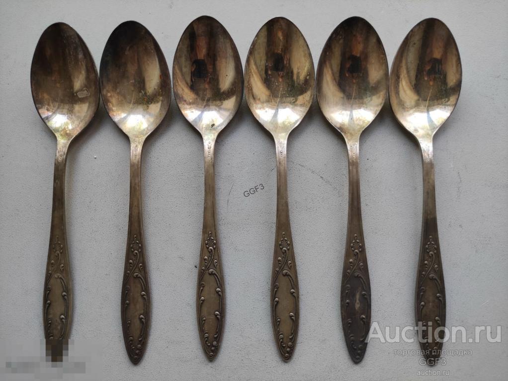 Ложки мельхиоровые 6 штук. Мельхиор Серебрение Глухарь МНЦ. СССР. №14. 