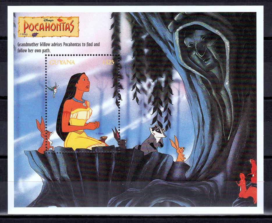 Марки Гайана 1995 г. Мультфильмы Уолт Дисней Покахонтас Блок MNH OG **