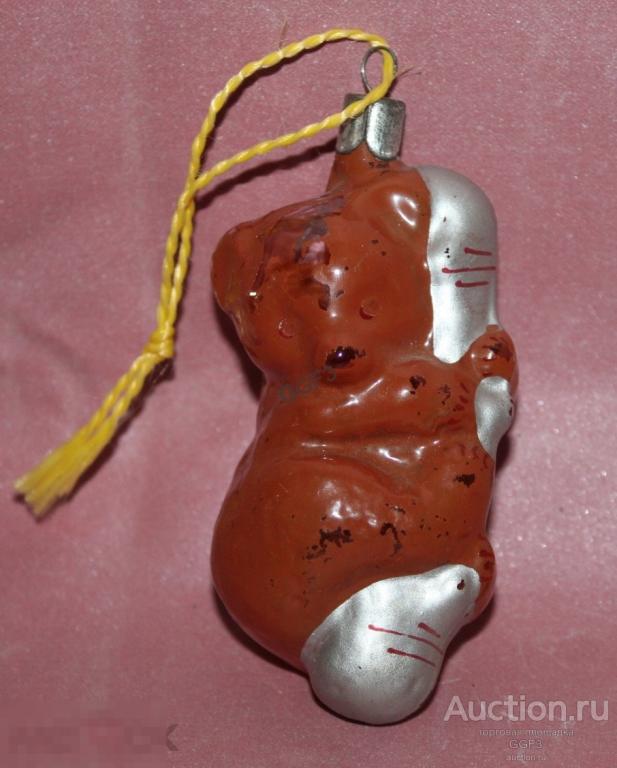 Советская стеклянная елочная Медведь на березе стекло СССР. 