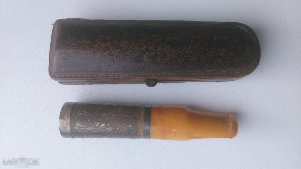 Старинный курительный мундштук трубка серебро янтарь Германия 1904