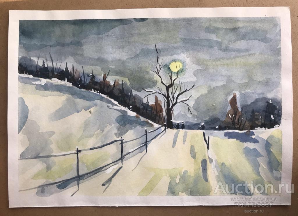 !!! КАРТИНА ЗИМНИЙ ПЕЙЗАЖ АКВАРЕЛЬ ВЕЧЕР АКВАРЕЛЬНАЯ ЖИВОПИСЬ РАЗМЕР 42 см на 30​ см !!!