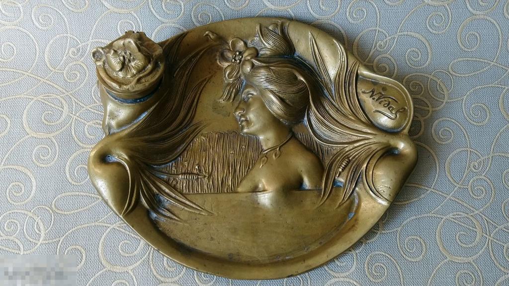 4096 старинная чернильница Девушка модерн бронза L.Vidal Франция 1910