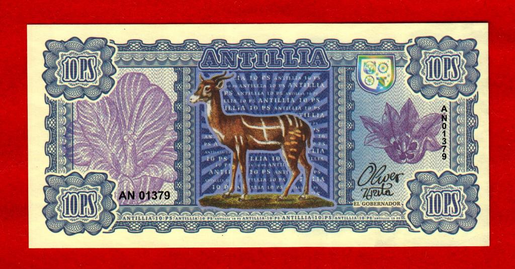 Остров Антилия, 10 песо, ЖИВОТНЫЕ, 2017, UNC, ОЛЕНЬ, ВОДЯНЫЕ ЗНАКИ