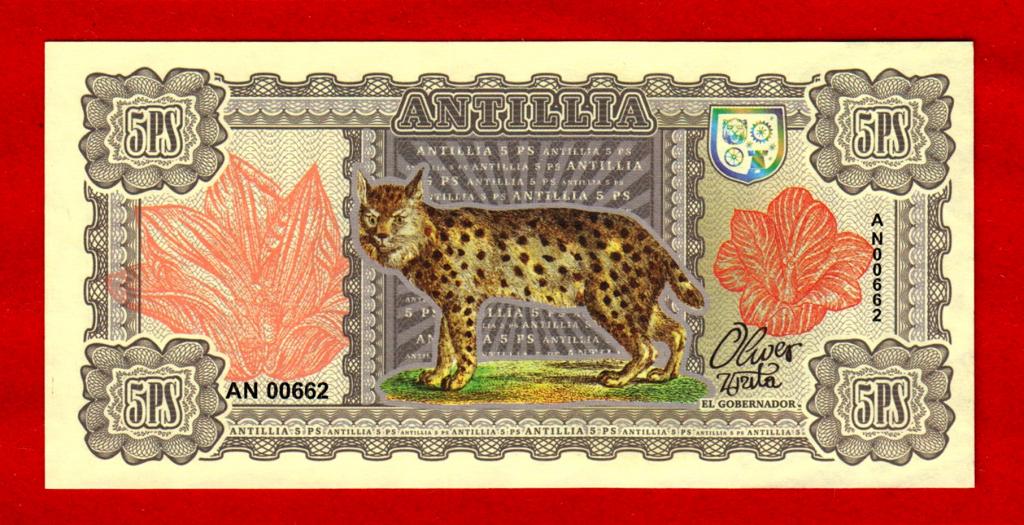 Остров Антилия, 5 песо, ЖИВОТНЫЕ, 2017, UNC, РЫСЬ, ВОДЯНЫЕ ЗНАКИ