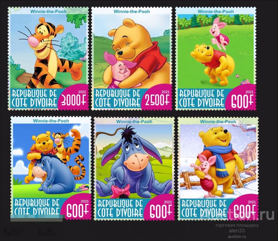 Кино, мультфильмы,  Дисней Винни Пух Кот Де Ивуар серия 6 марок 2021 год 
