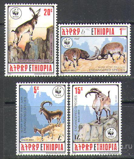 0001 ✅ Фауна WWF Животные 1990 Эфиопия 4м п/с ** 11МЕ