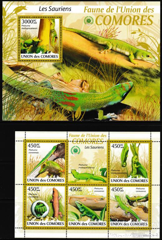 Коморы 2009 Ящерицы Гекконы Пресмыкающиеся Фауна к/боген+бл**