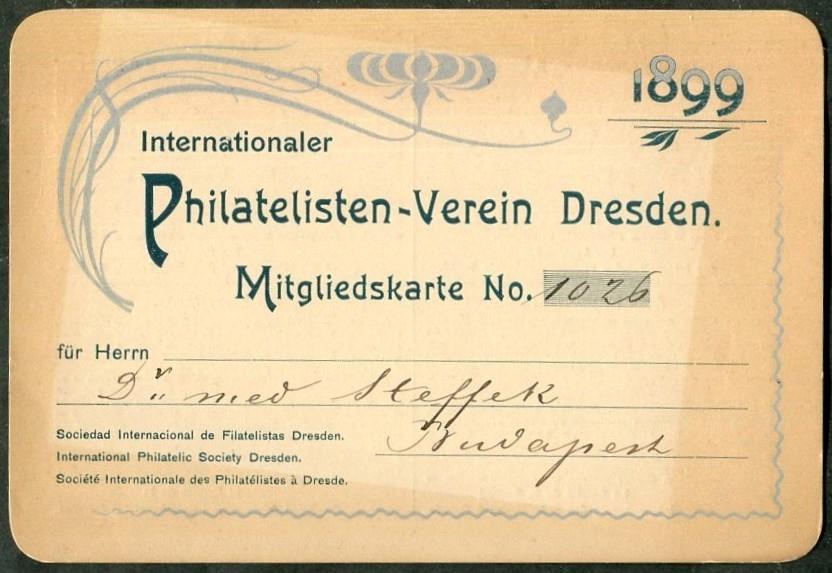 Германия 1899 Дрезден Международное Общество Филателистов членская карточка билет