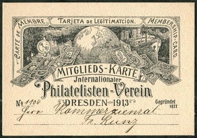 Германия 1913 Дрезден Международное Общество Филателистов членская карточка билет