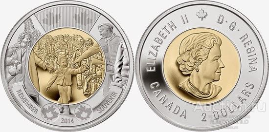 Канада 2 доллара, 2014 75 лет с начала Второй Мировой войны