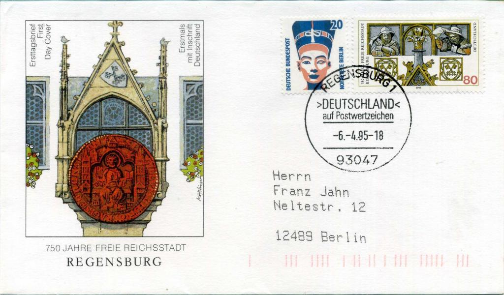 Германия ФРГ (Д0474) Конверт СГ Город Регенсбург 1995 История Архитектура Искусство
