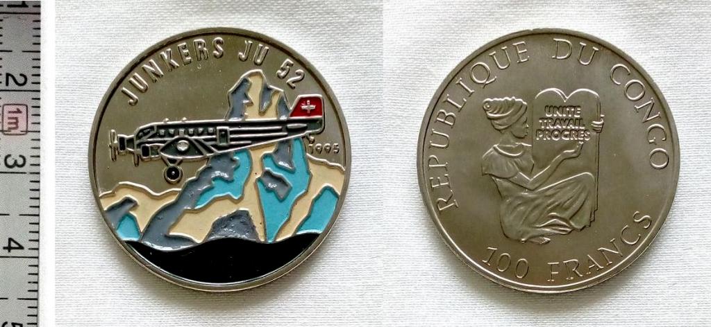 Конго 100 франков 1995 год никель unc Самолёт