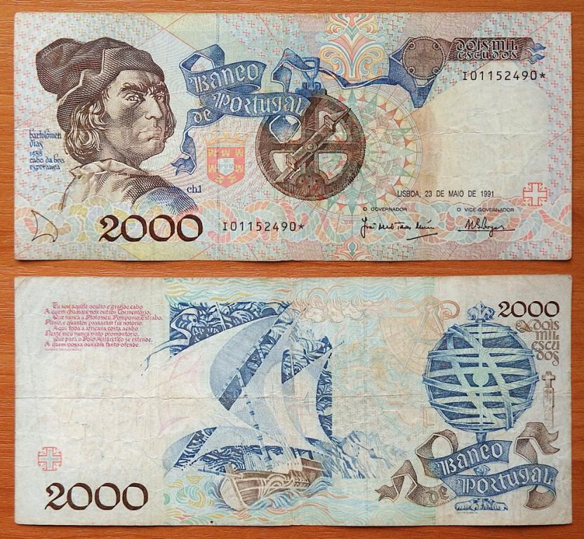 Португалия 2000 эскудо 1991 F/VF P-186a2 Замещенка