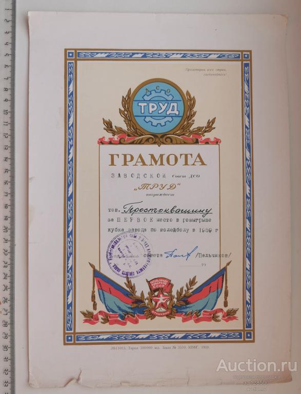 Грамота ДСО ТРУД ГТО 1959 Тамбов волейбол