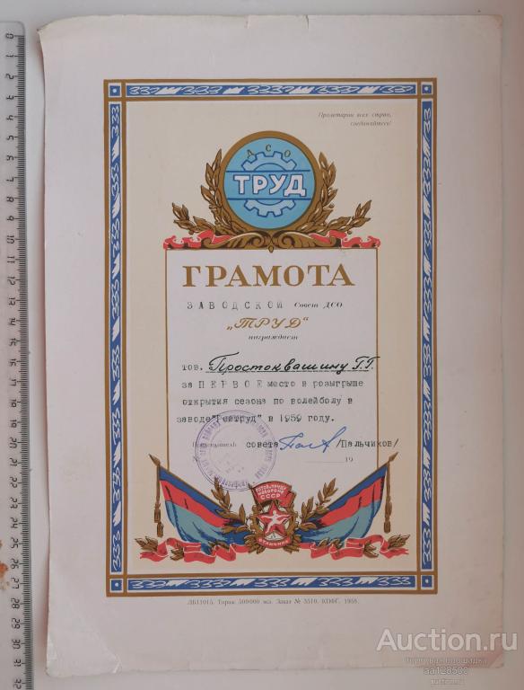 Грамота ДСО ТРУД ГТО 1959 Тамбов волейбол Ревтруд