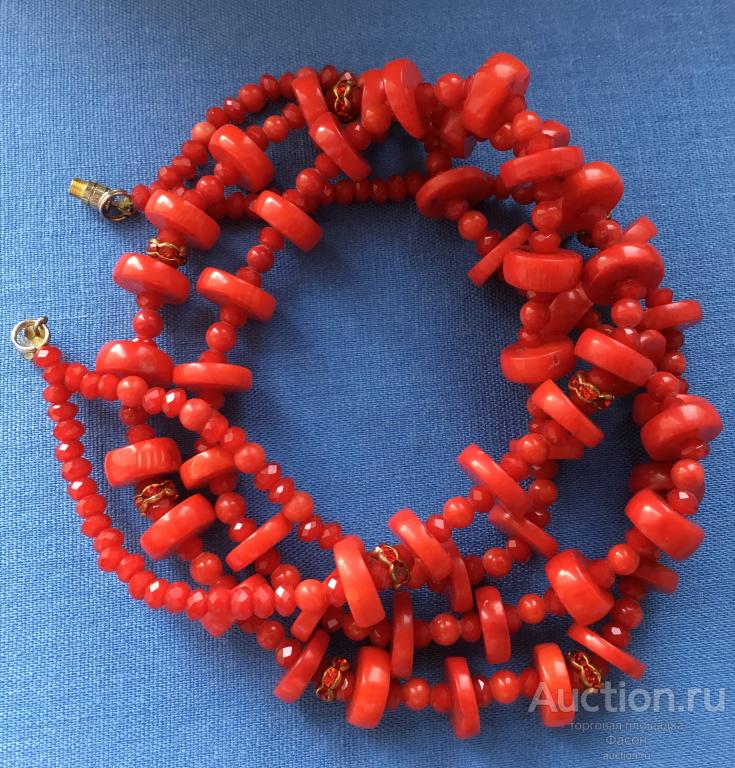 Винтажные Бусы Натуральный Коралл и Красные Стеклянные Бусины