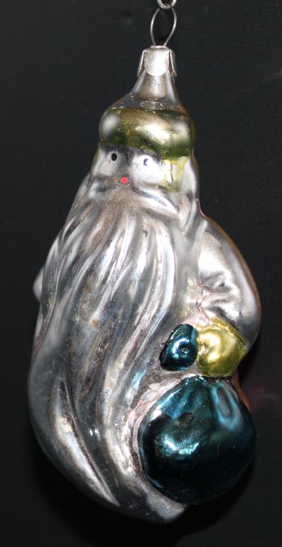 Ёлочная игрушка СССР. Дед Мороз с синим мешком, розовая спина. Стекло, подвес