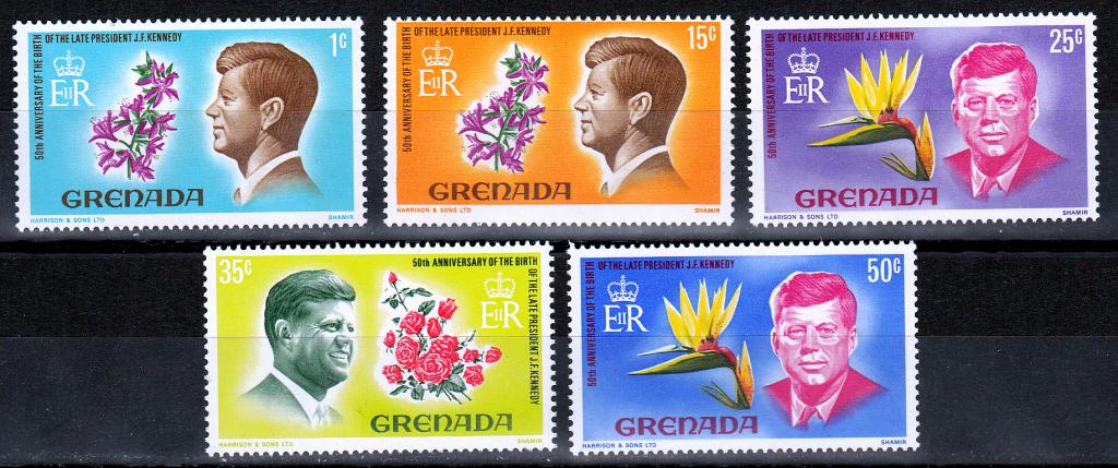 Марки Гренада 1968 г. Кеннеди MNH Персоналии Знаменитые люди Флора Цветы