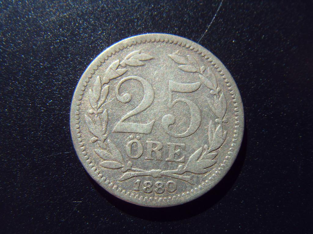 Швеция 25 эре 1880 г.,  KM# 739, серебро, Оскар II