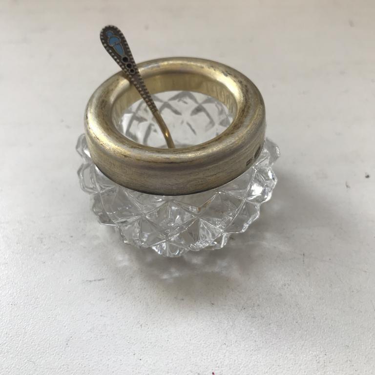 Солонка с ложкой. Хрусталь серебро 875.