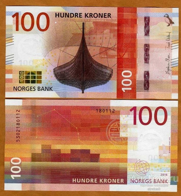 100 крон норвегия 2016 UNC пресс