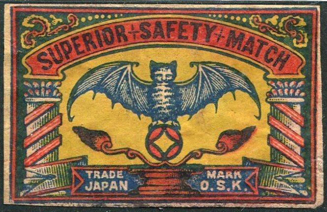 Япония ЛЕТУЧАЯ МЫШЬ фауна старинная спичечная этикетка