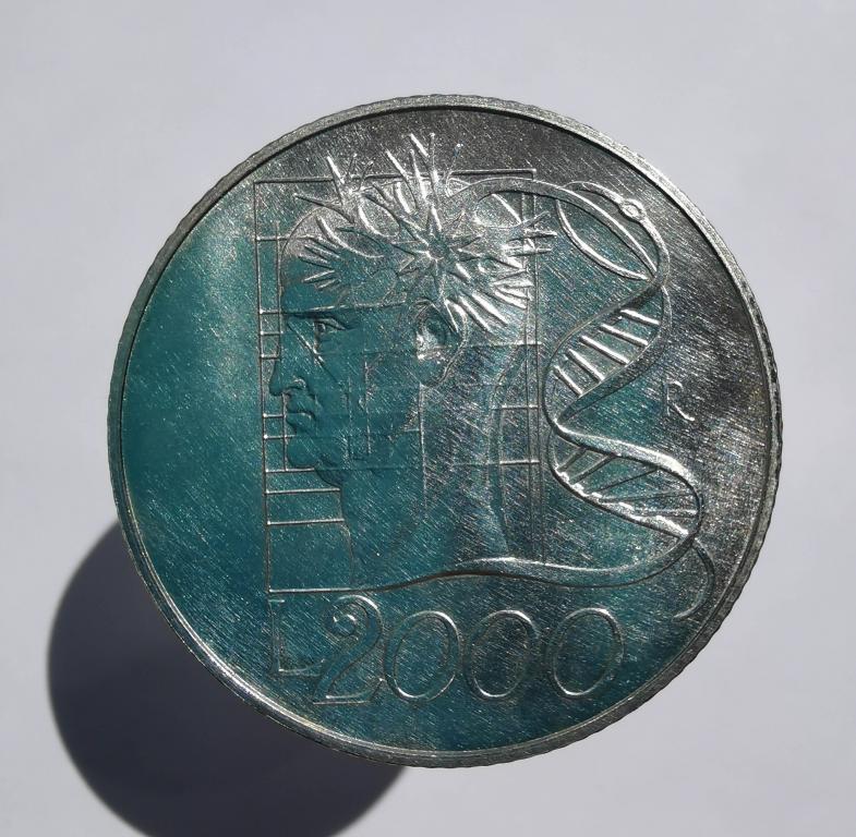 Италия 2000 лир 1998 Миллениум ДНК голубь серебро